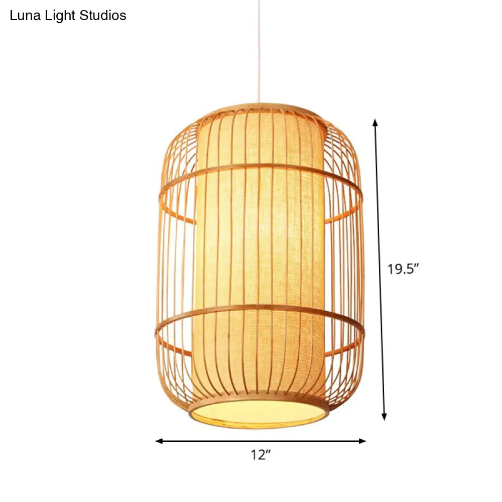 Asian Bamboo Hanging Pendant Light - Elliptical Design Beige 1 Bulb Perfect For Living Room