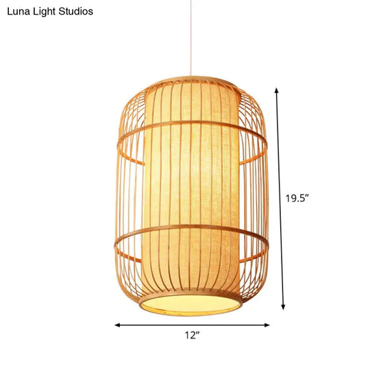 Asian Bamboo Hanging Pendant Light - Elliptical Design Beige 1 Bulb Perfect For Living Room