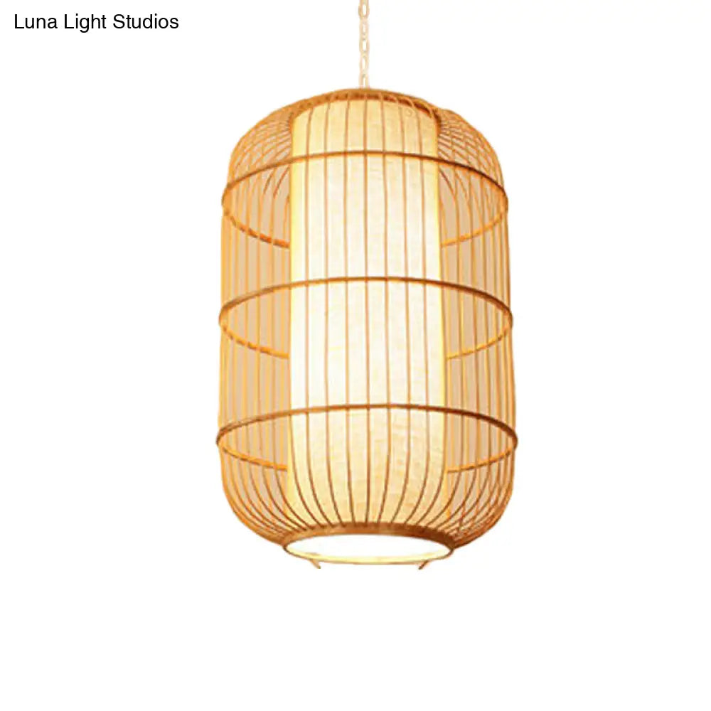 Asian Bamboo Elliptical Pendant Light - Beige Ceiling Lamp With 1 Bulb For Living Room