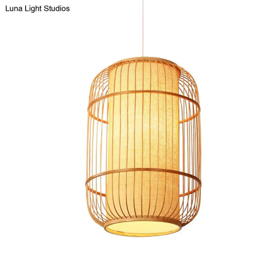 Asian Bamboo Hanging Pendant Light - Elliptical Design Beige 1 Bulb Perfect For Living Room