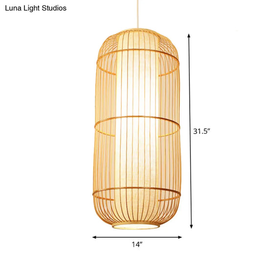 Asian Bamboo Hanging Pendant Light - Elliptical Design Beige 1 Bulb Perfect For Living Room