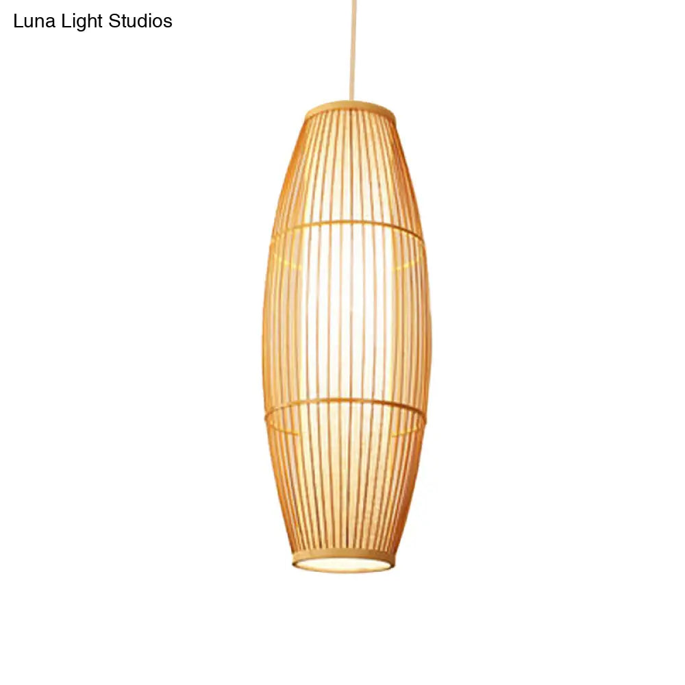 Asian Bamboo Elliptical Pendant Light - Beige Ceiling Lamp With 1 Bulb For Living Room