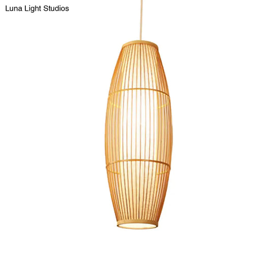 Asian Bamboo Elliptical Pendant Light - Beige Ceiling Lamp With 1 Bulb For Living Room