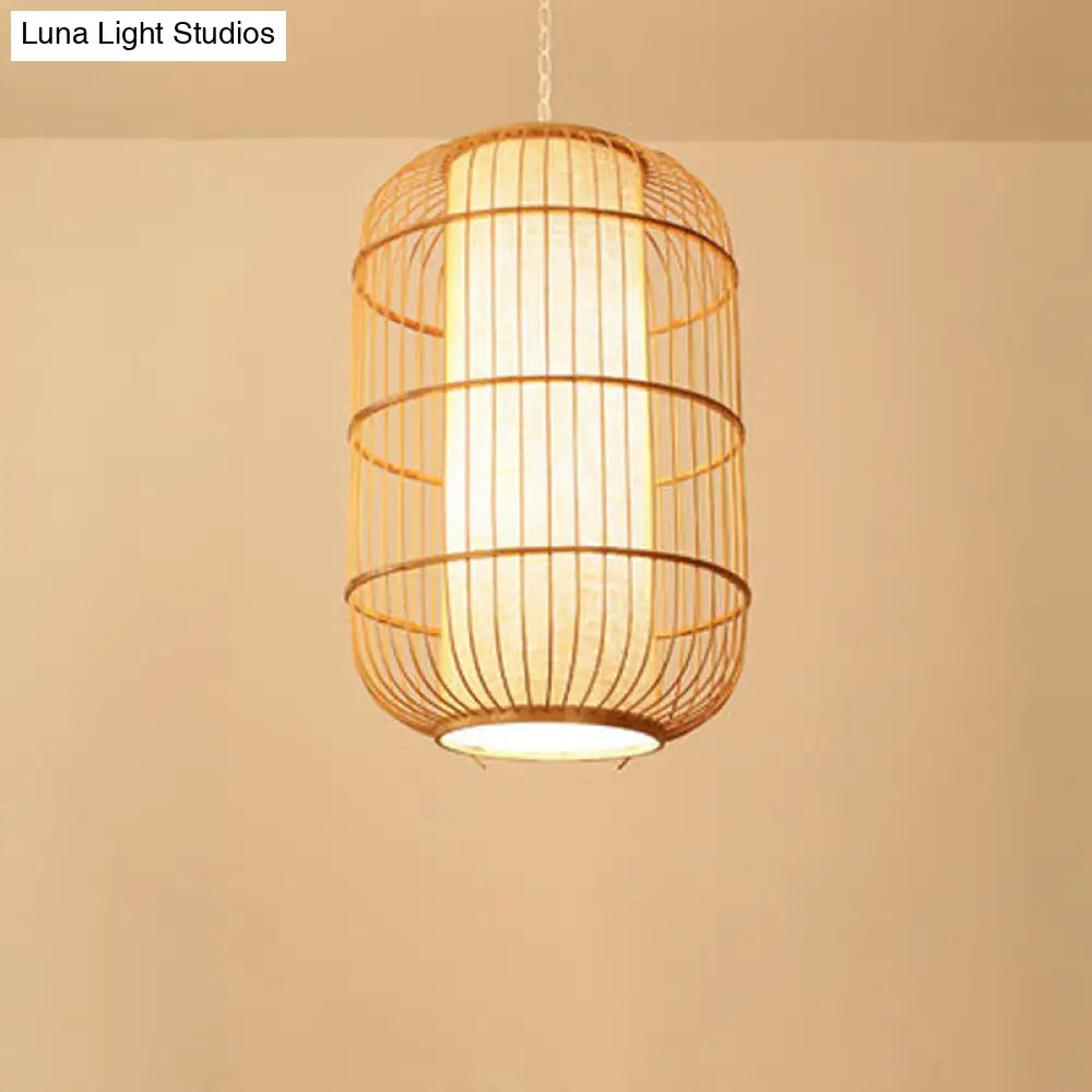 Asian Bamboo Elliptical Pendant Light - Beige Ceiling Lamp With 1 Bulb For Living Room