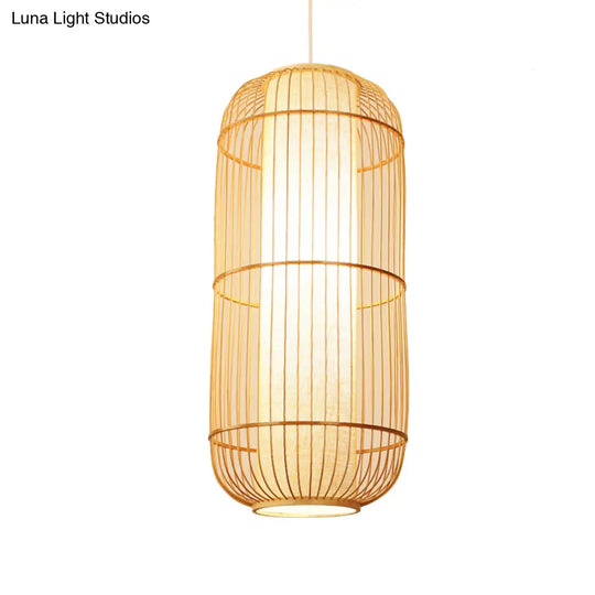 Asian Bamboo Hanging Pendant Light - Elliptical Design Beige 1 Bulb Perfect For Living Room