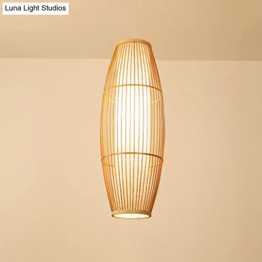 Asian Bamboo Elliptical Pendant Light - Beige Ceiling Lamp With 1 Bulb For Living Room