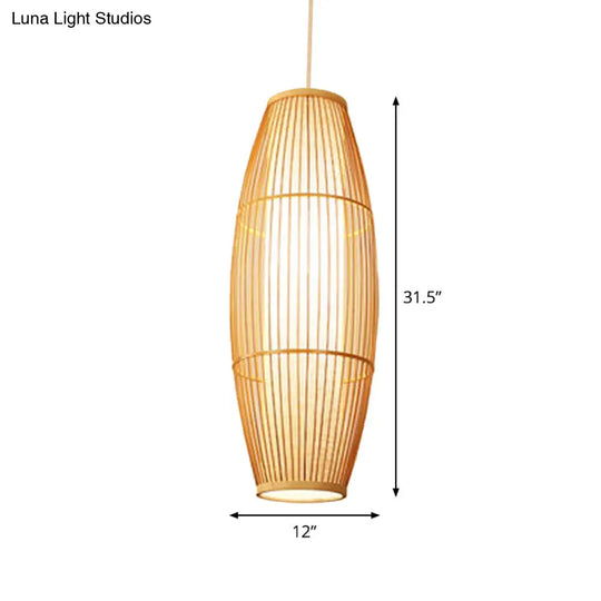 Asian Bamboo Elliptical Pendant Light - Beige Ceiling Lamp With 1 Bulb For Living Room