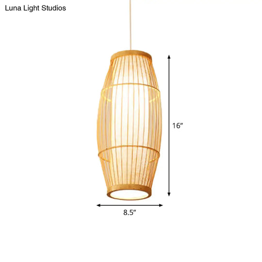 Asian Bamboo Hanging Pendant Light - Elliptical Design Beige 1 Bulb Perfect For Living Room