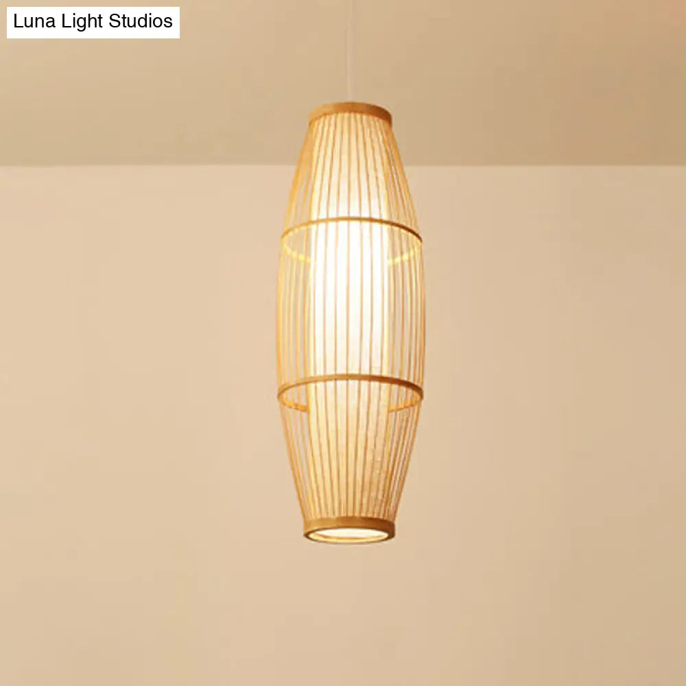 Asian Bamboo Hanging Pendant Light - Elliptical Design Beige 1 Bulb Perfect For Living Room