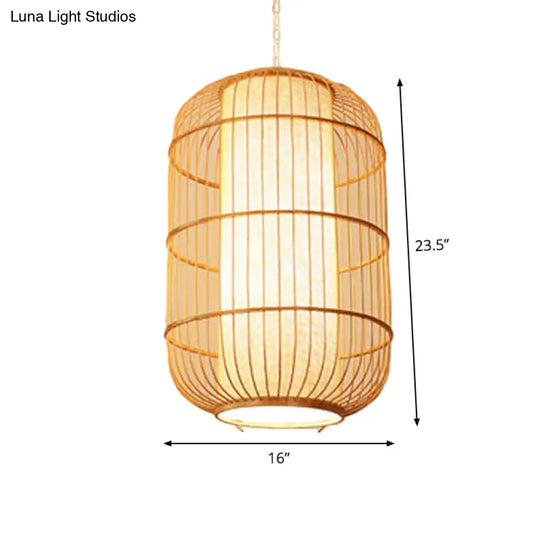 Asian Bamboo Hanging Pendant Light - Elliptical Design Beige 1 Bulb Perfect For Living Room