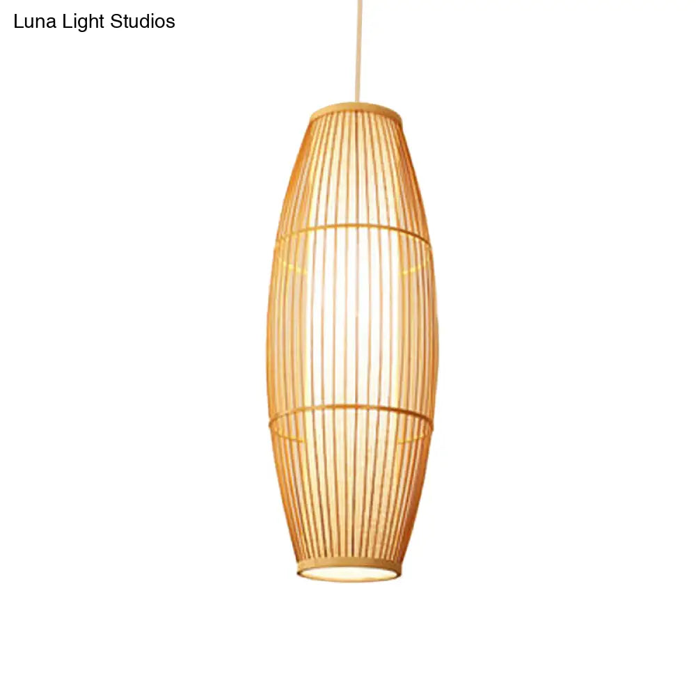 Asian Bamboo Hanging Pendant Light - Elliptical Design Beige 1 Bulb Perfect For Living Room