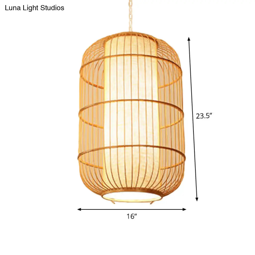 Asian Bamboo Elliptical Pendant Light - Beige Ceiling Lamp With 1 Bulb For Living Room