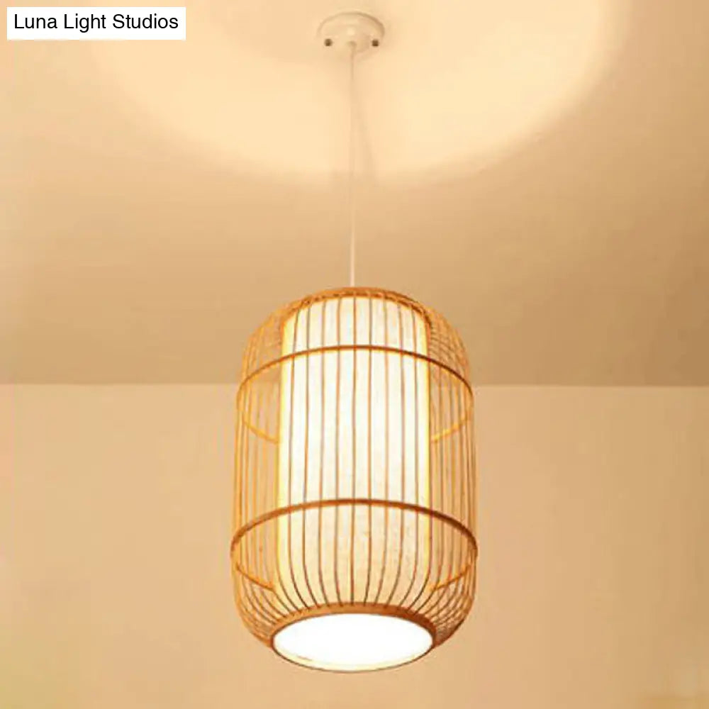 Asian Bamboo Elliptical Pendant Light - Beige Ceiling Lamp With 1 Bulb For Living Room