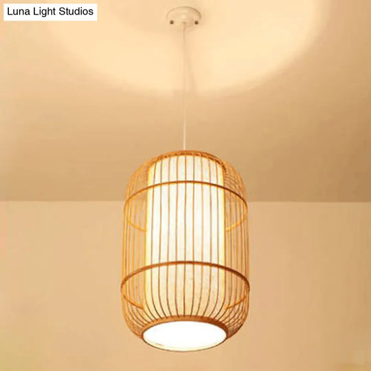 Asian Bamboo Elliptical Pendant Light - Beige Ceiling Lamp With 1 Bulb For Living Room