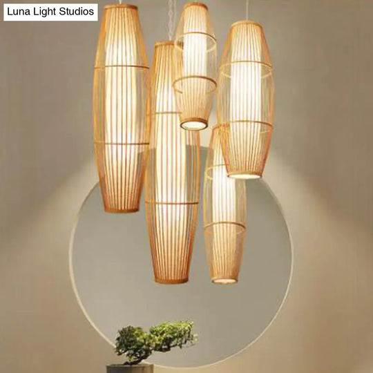 Asian Bamboo Elliptical Pendant Light - Beige Ceiling Lamp With 1 Bulb For Living Room