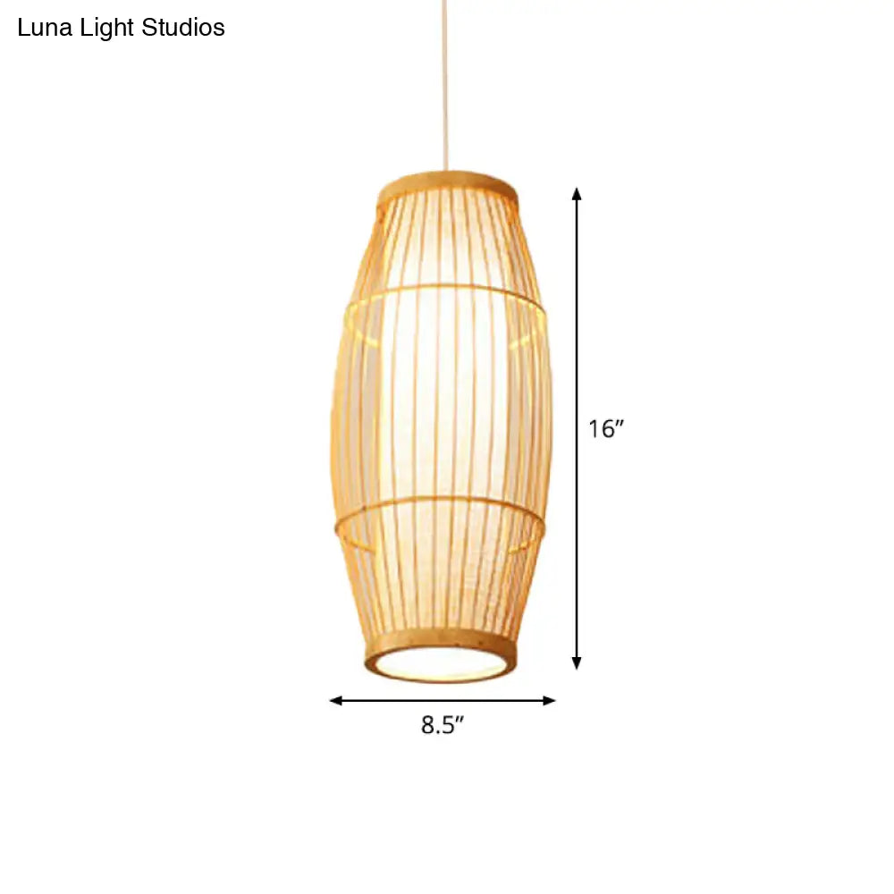 Asian Bamboo Elliptical Pendant Light - Beige Ceiling Lamp With 1 Bulb For Living Room