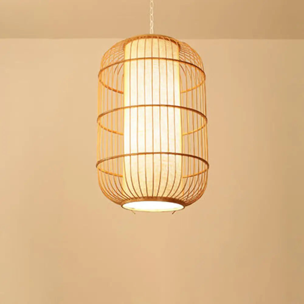 Asian Bamboo Hanging Pendant Light - Elliptical Design Beige 1 Bulb Perfect For Living Room