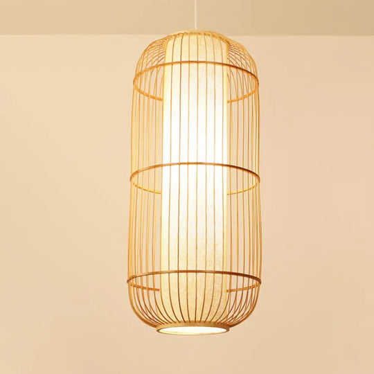 Asian Bamboo Hanging Pendant Light - Elliptical Design Beige 1 Bulb Perfect For Living Room