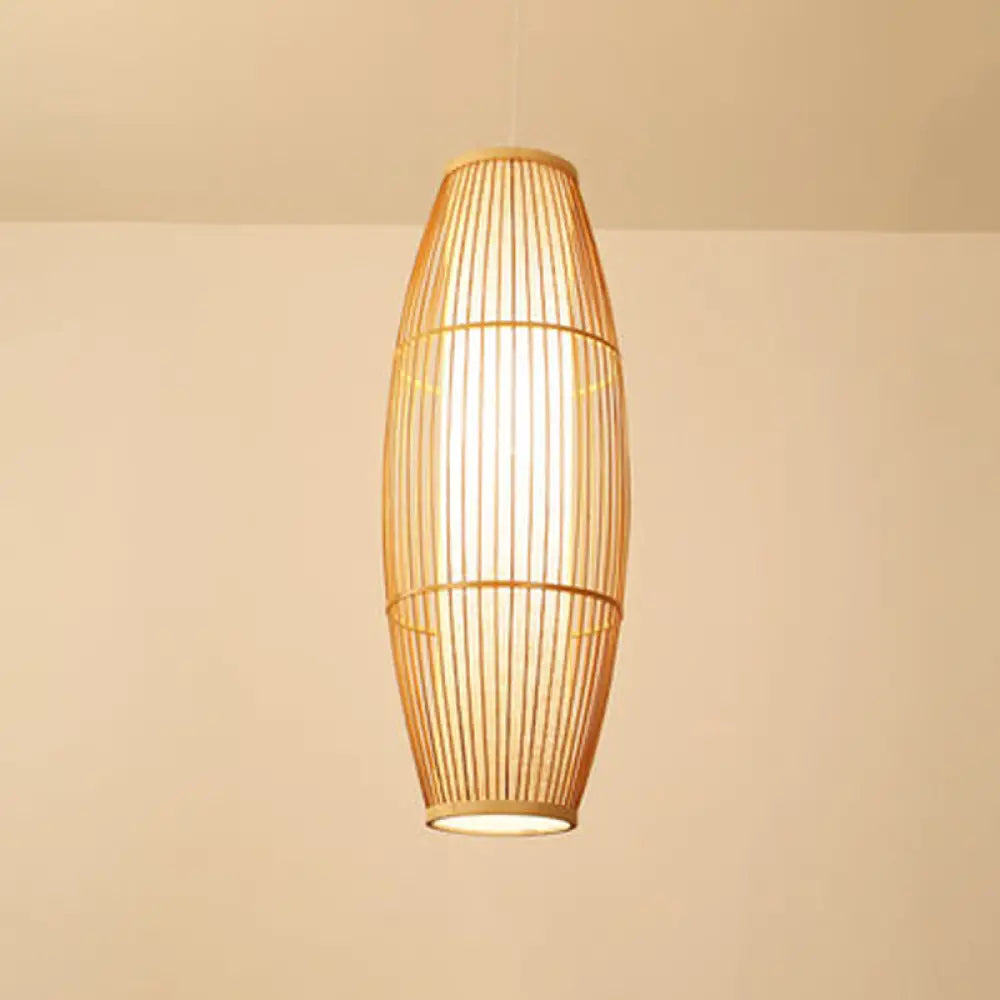 Asian Bamboo Hanging Pendant Light - Elliptical Design Beige 1 Bulb Perfect For Living Room