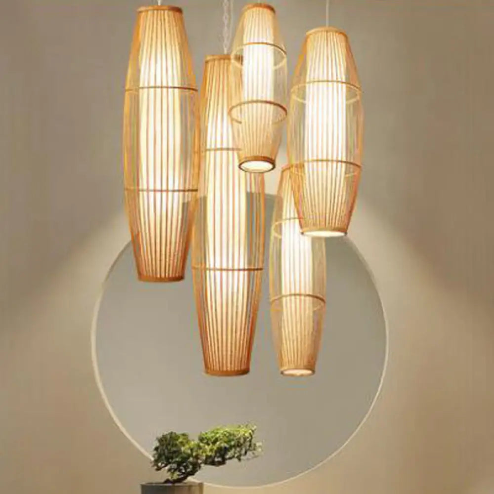 Asian Bamboo Hanging Pendant Light - Elliptical Design Beige 1 Bulb Perfect For Living Room