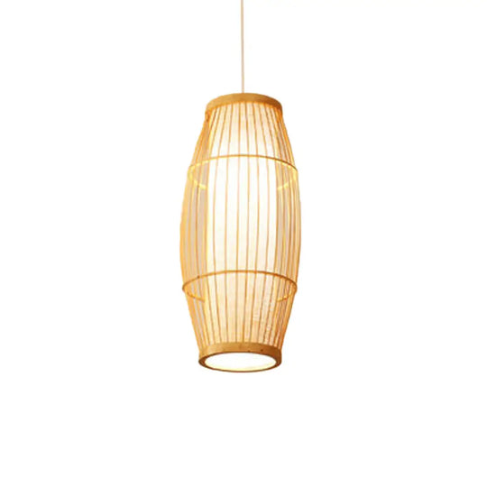 Asian Bamboo Hanging Pendant Light - Elliptical Design Beige 1 Bulb Perfect For Living Room