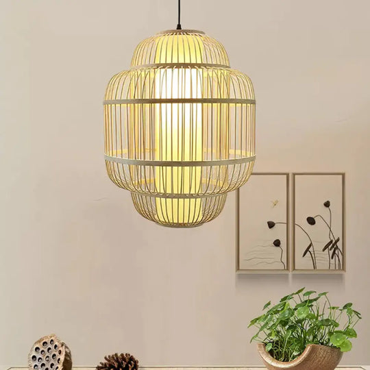 Asian Bamboo Lantern Pendant Light - 1-Light Beige Down Lighting For Dining Room Available In 3