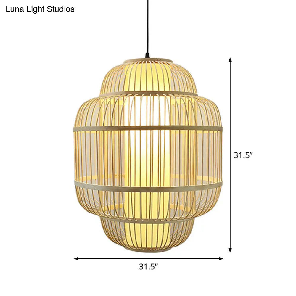 Bamboo Lantern Pendant Light For Dining Room - Asian Style 1-Light Beige Down Lighting Multiple