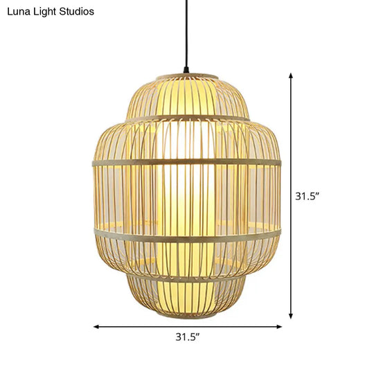 Bamboo Lantern Pendant Light For Dining Room - Asian Style 1-Light Beige Down Lighting Multiple