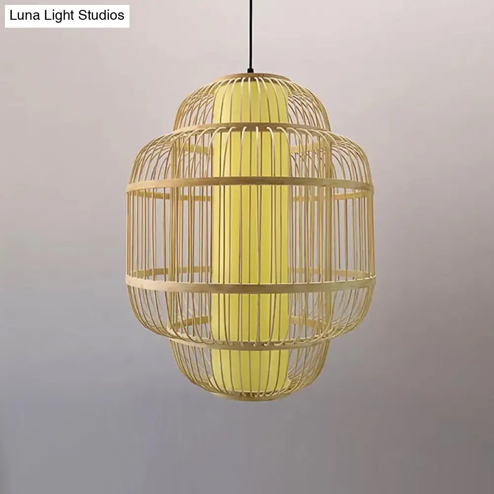 Bamboo Lantern Pendant Light For Dining Room - Asian Style 1-Light Beige Down Lighting Multiple