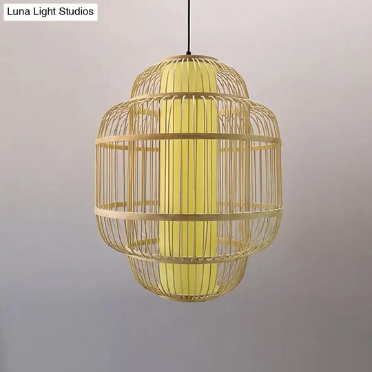 Bamboo Lantern Pendant Light For Dining Room - Asian Style 1-Light Beige Down Lighting Multiple