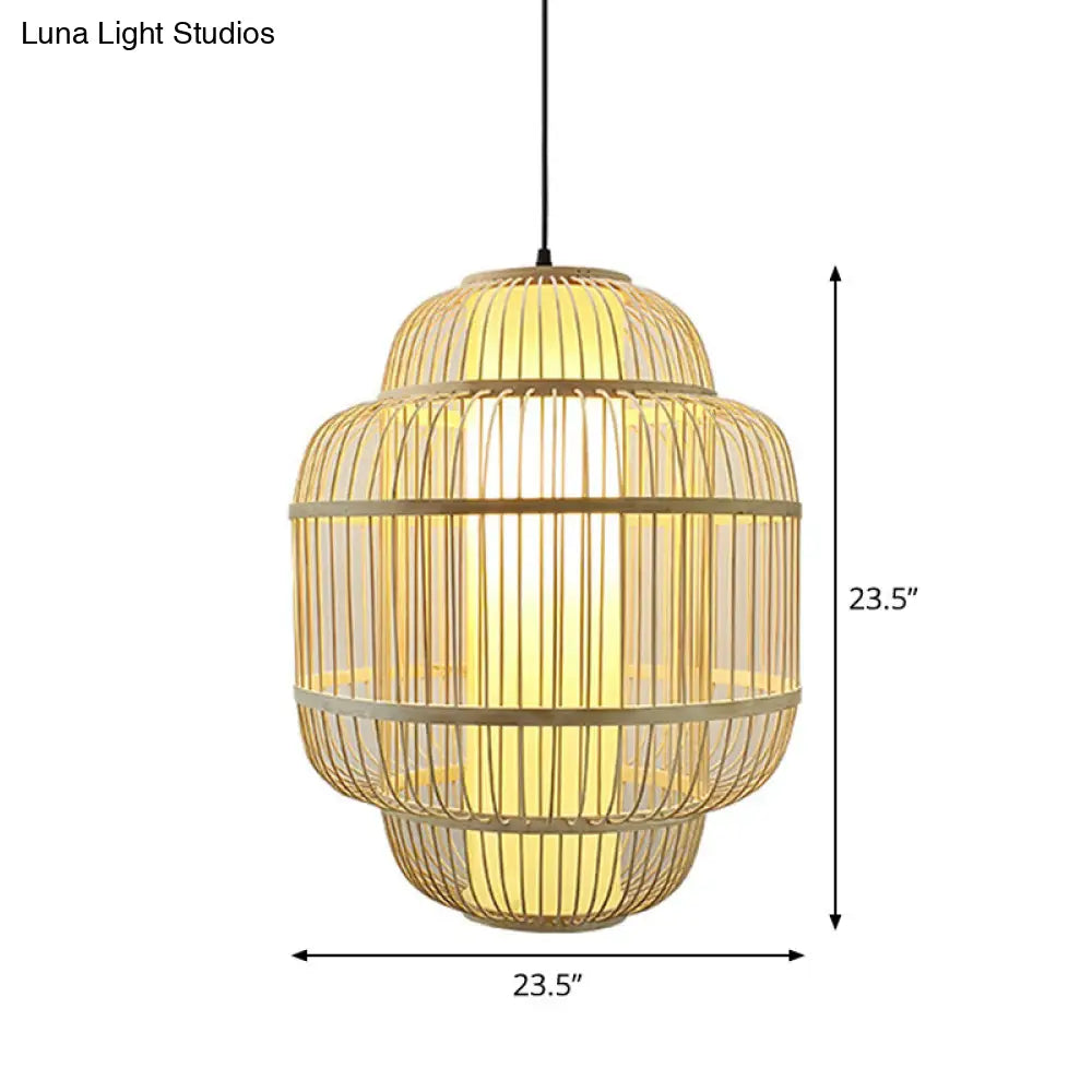 Bamboo Lantern Pendant Light For Dining Room - Asian Style 1-Light Beige Down Lighting Multiple