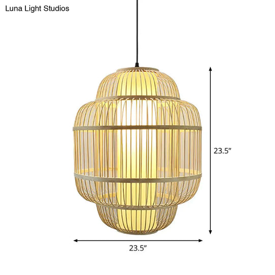 Bamboo Lantern Pendant Light For Dining Room - Asian Style 1-Light Beige Down Lighting Multiple