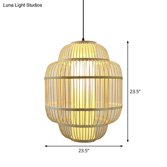 Asian Bamboo Lantern Pendant Light - 1-Light Beige Down Lighting For Dining Room Available In 3