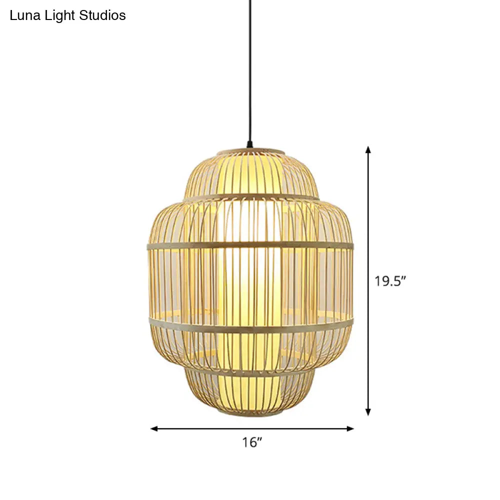 Asian Bamboo Lantern Pendant Light - 1-Light Beige Down Lighting For Dining Room Available In 3