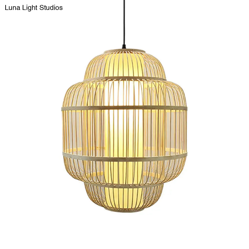 Bamboo Lantern Pendant Light For Dining Room - Asian Style 1-Light Beige Down Lighting Multiple