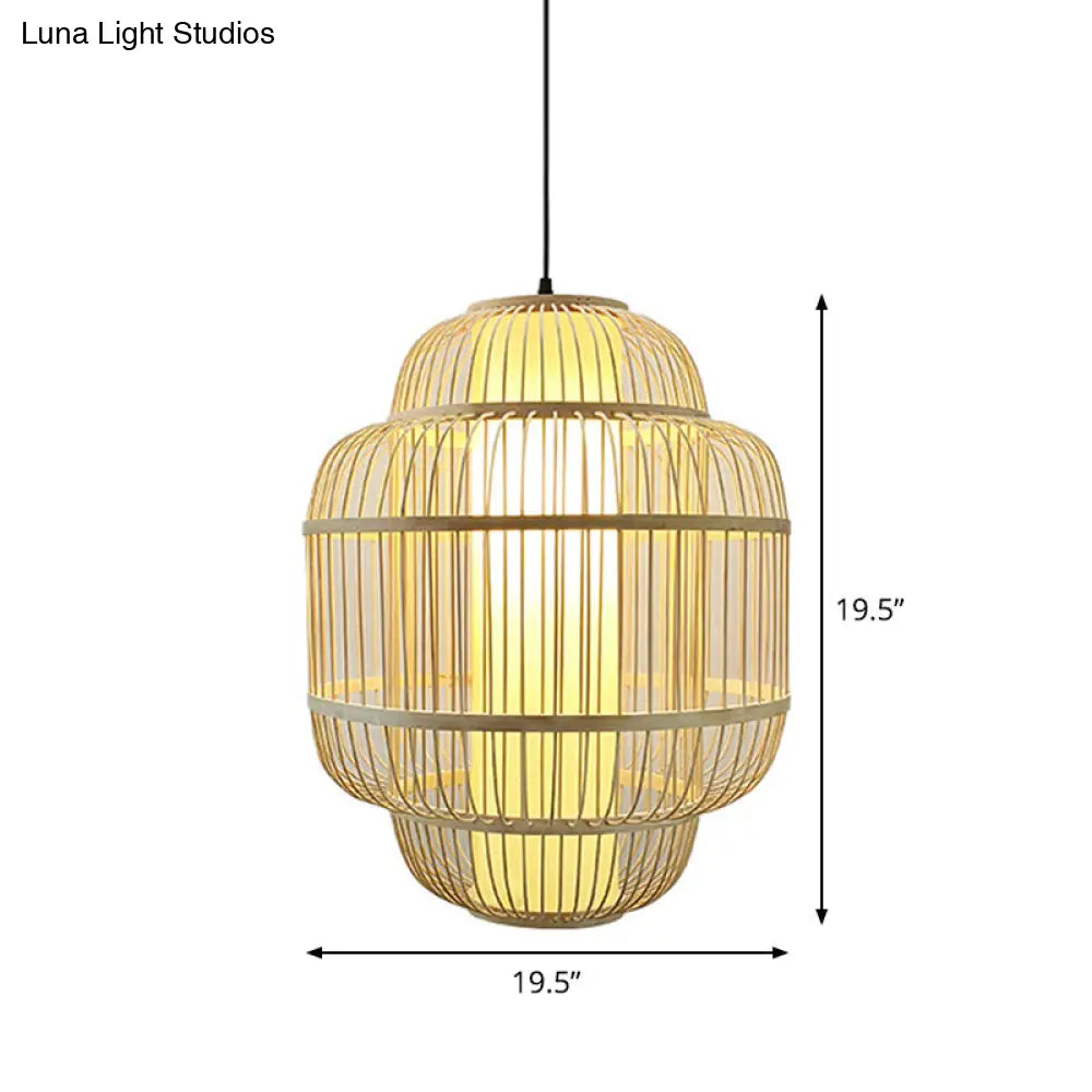 Asian Bamboo Lantern Pendant Light - 1-Light Beige Down Lighting For Dining Room Available In 3