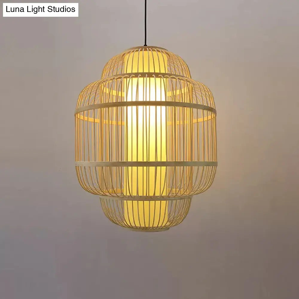 Asian Bamboo Lantern Pendant Light - 1-Light Beige Down Lighting For Dining Room Available In 3