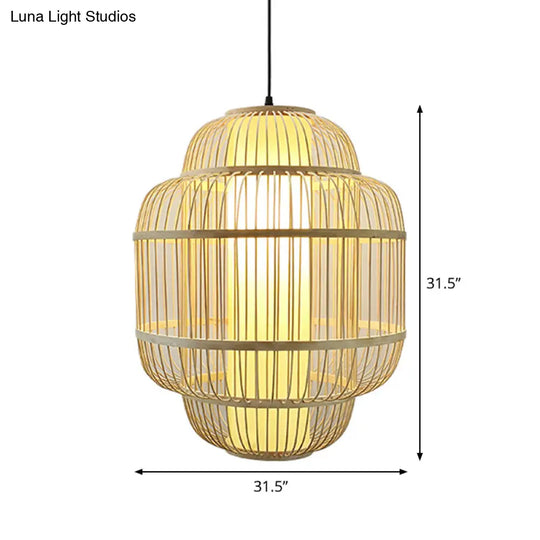 Asian Bamboo Lantern Pendant Light - 1-Light Beige Down Lighting For Dining Room Available In 3