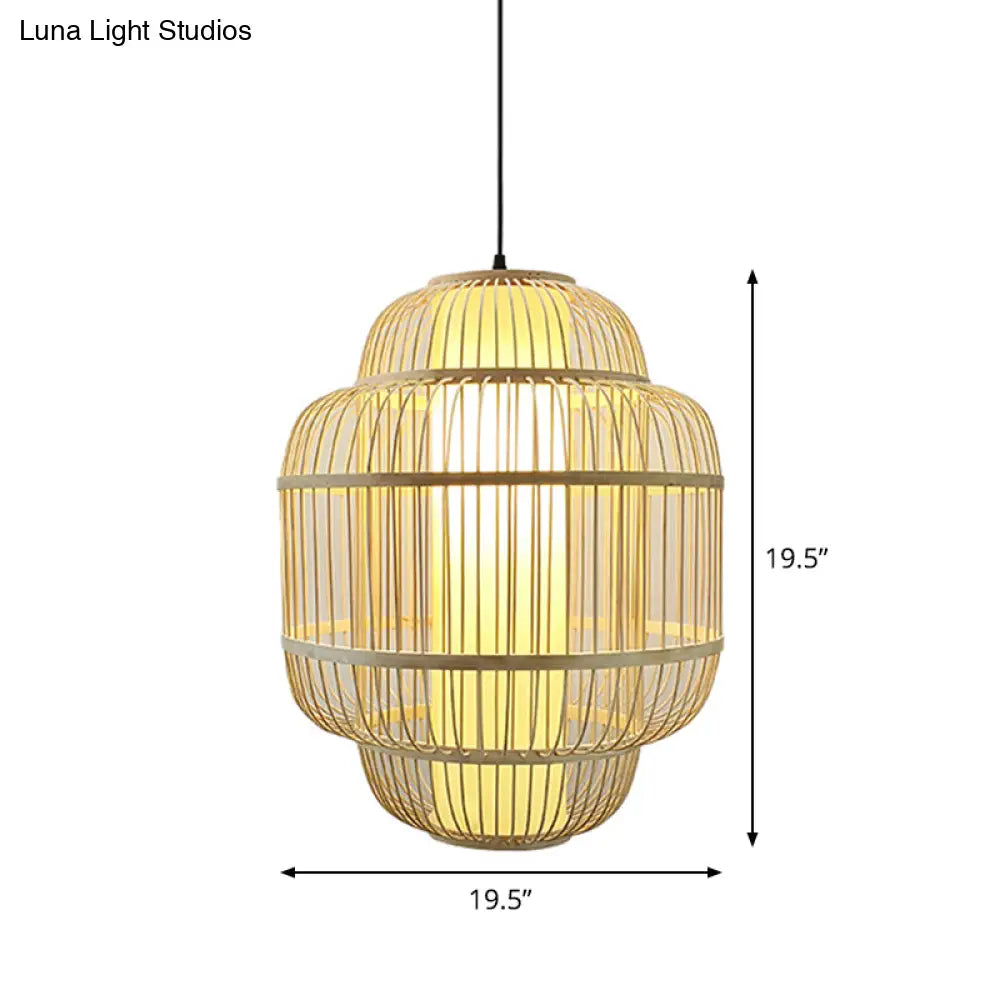 Bamboo Lantern Pendant Light For Dining Room - Asian Style 1-Light Beige Down Lighting Multiple