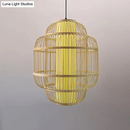 Asian Bamboo Lantern Pendant Light - 1-Light Beige Down Lighting For Dining Room Available In 3