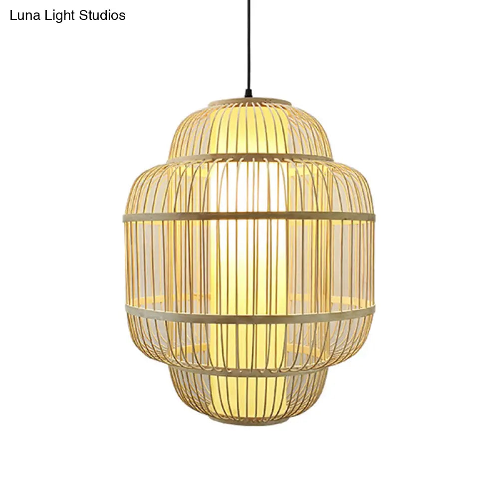 Asian Bamboo Lantern Pendant Light - 1-Light Beige Down Lighting For Dining Room Available In 3
