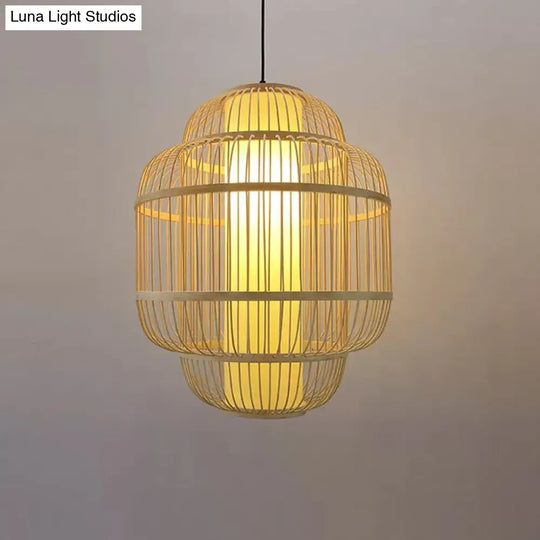 Bamboo Lantern Pendant Light For Dining Room - Asian Style 1-Light Beige Down Lighting Multiple