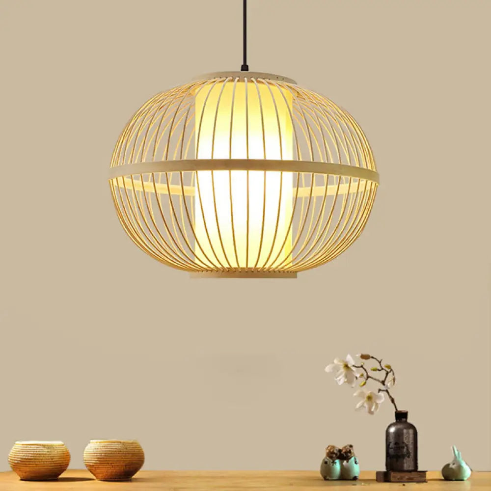 Asian Bamboo Oval Pendant Light With Inner Shade - 1-Light Beige 3 Size Options / 14’