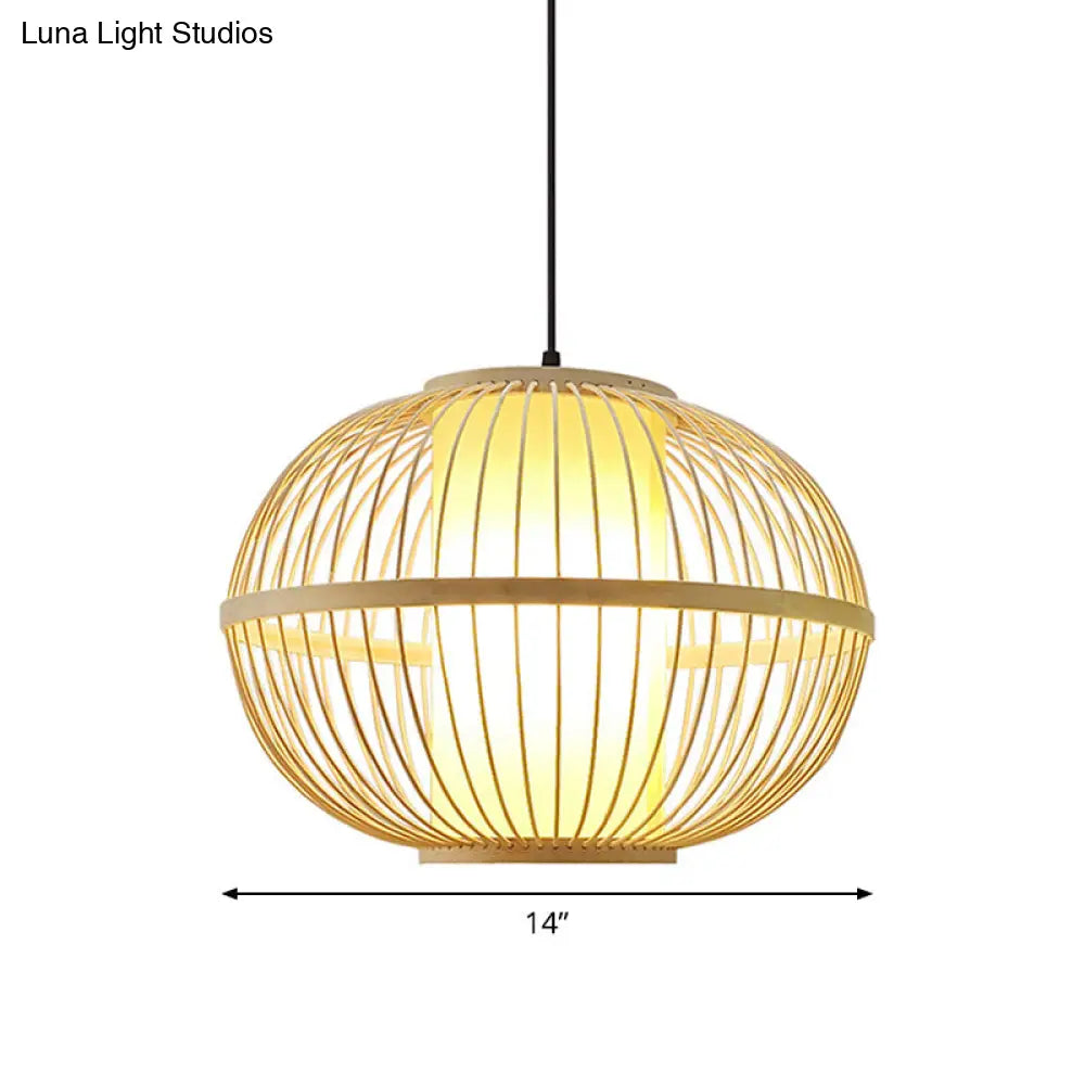 Asian Bamboo Oval Pendant Light With Inner Shade - 1-Light Beige 3 Size Options