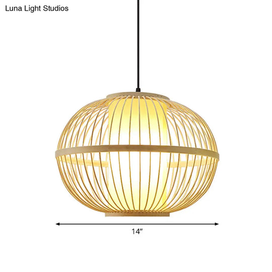 Asian Bamboo Oval Pendant Light With Inner Shade - 1-Light Beige 3 Size Options