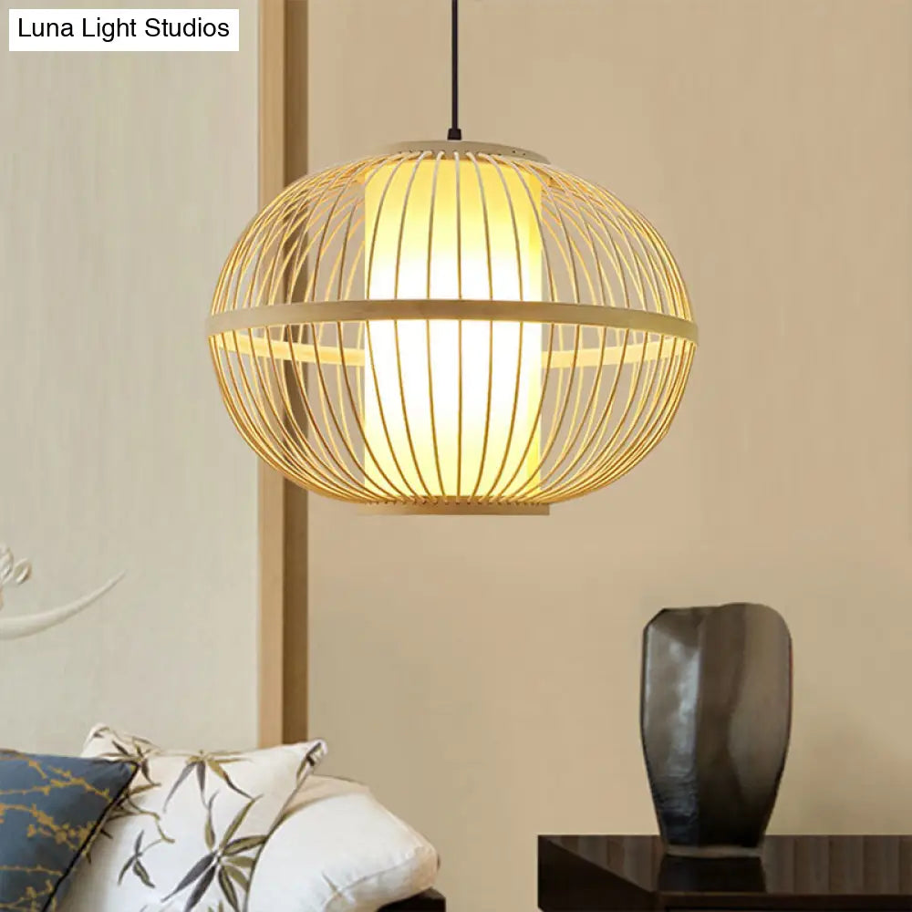 Asian Bamboo Oval Pendant Light With Inner Shade - 1-Light Beige 3 Size Options