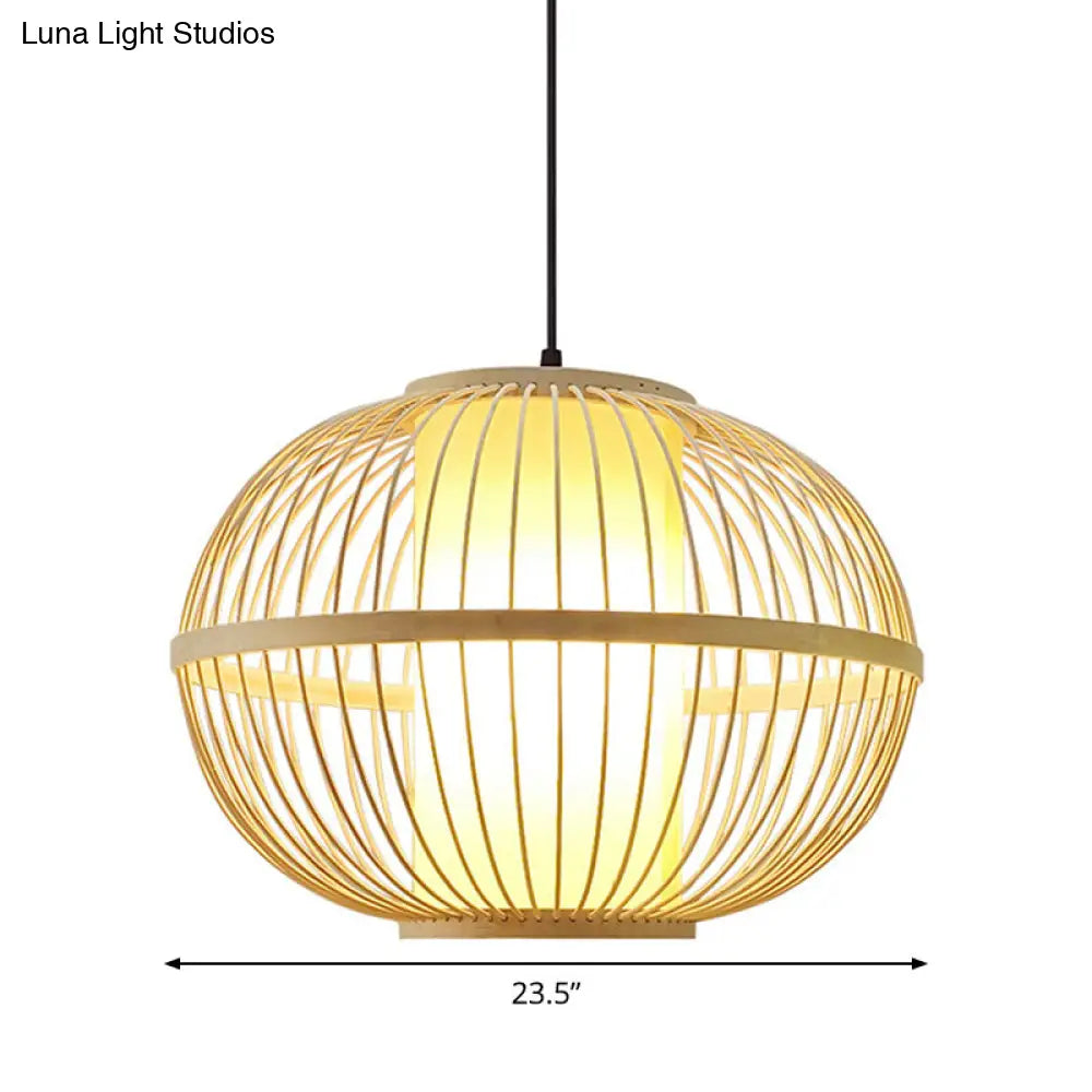 Asian Bamboo 1-Light Beige Pendant Light Fixture - Oval Suspension Lighting Inner Shade 14/16/23.5