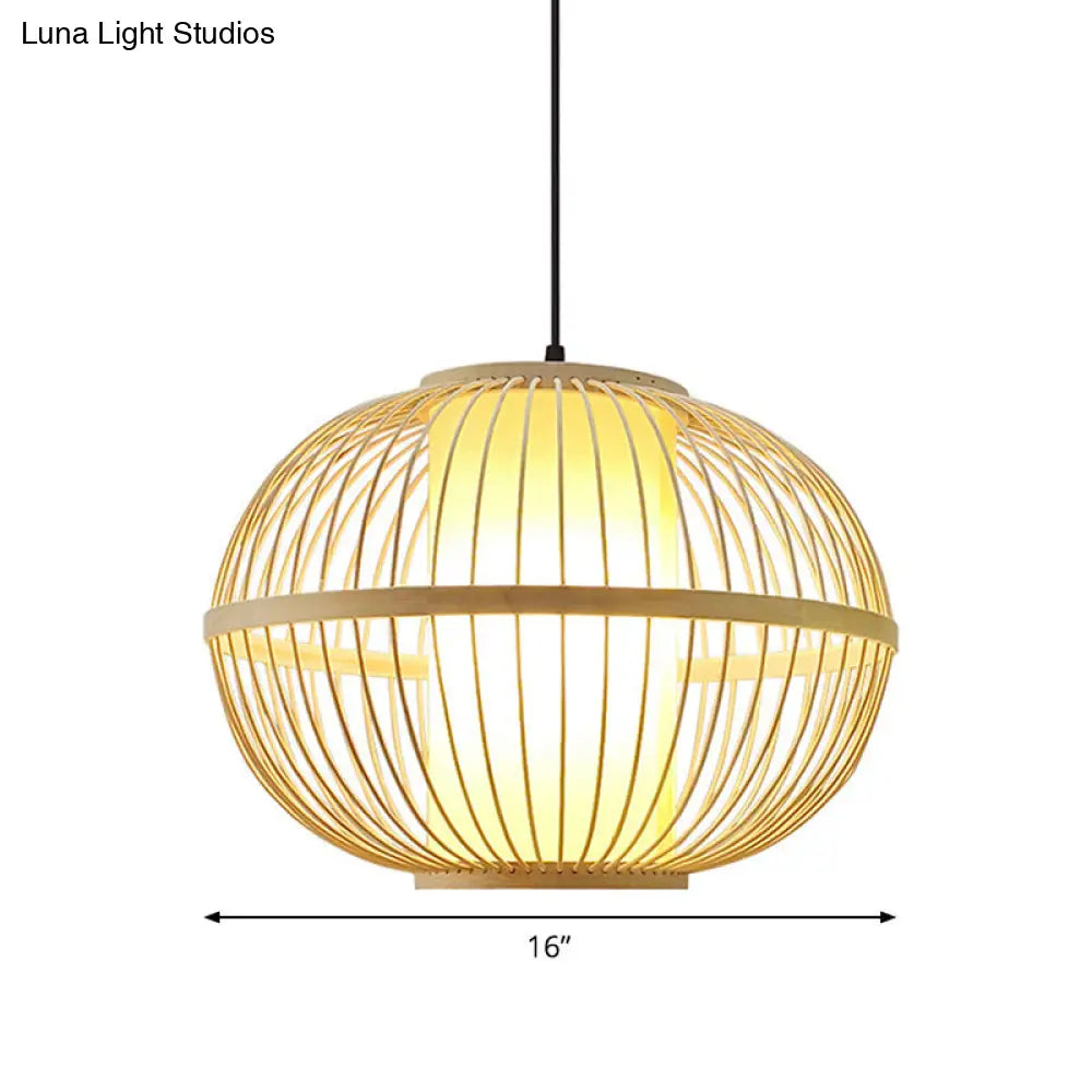 Asian Bamboo 1-Light Beige Pendant Light Fixture - Oval Suspension Lighting Inner Shade 14/16/23.5