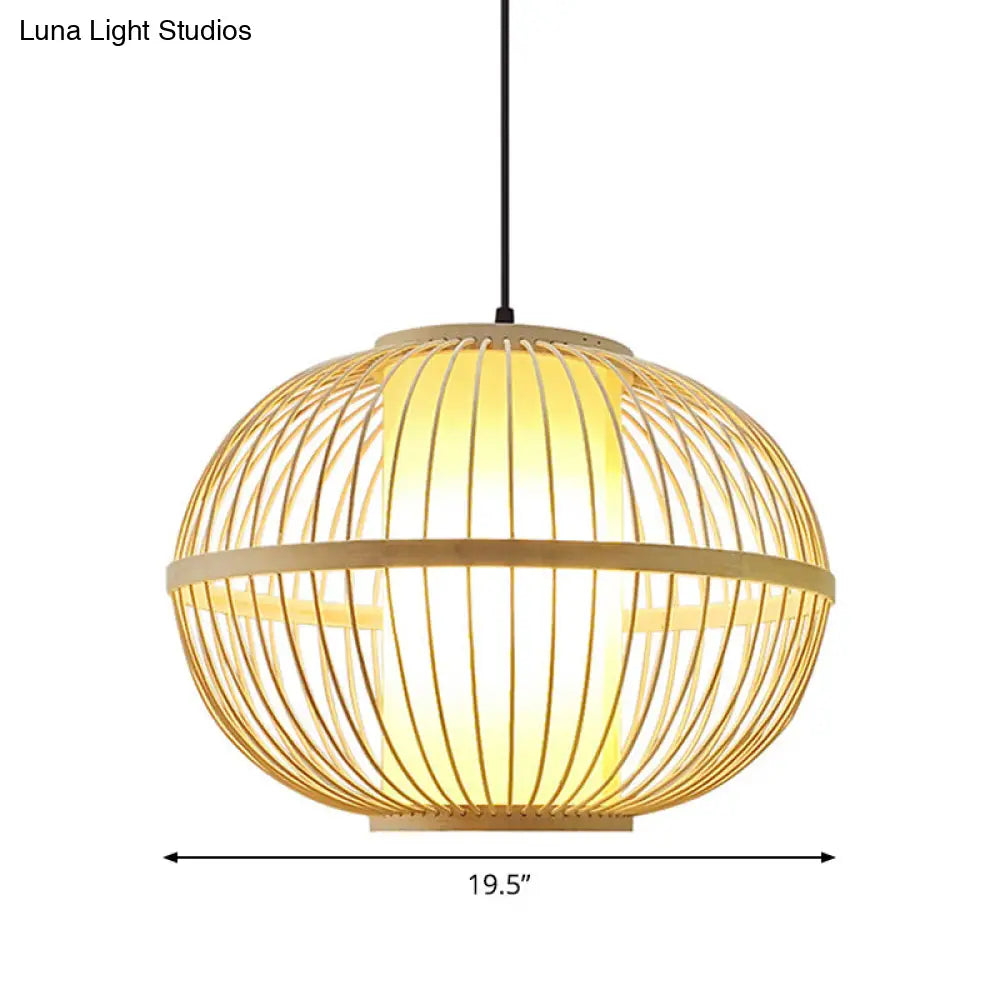 Asian Bamboo 1-Light Beige Pendant Light Fixture - Oval Suspension Lighting Inner Shade 14/16/23.5