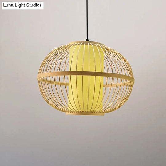 Asian Bamboo 1-Light Beige Pendant Light Fixture - Oval Suspension Lighting Inner Shade 14/16/23.5